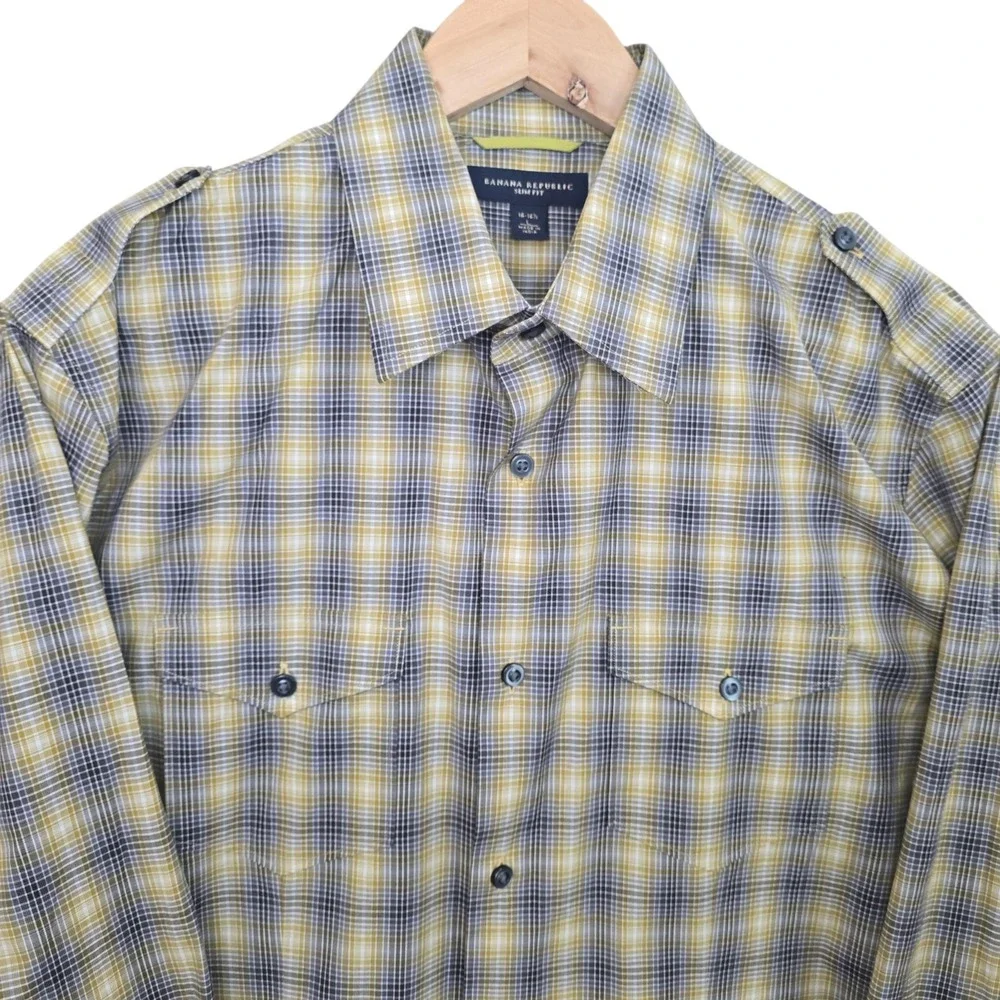 Banana Republic Shirt Mens Large 16-16.5 Yellow Plaid Button Up Slim Fit‎ Casual